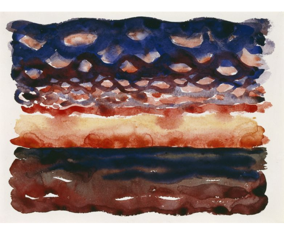 Loose watercolor with bands of horizontal colors: a strip of muddy brown along the bottom, layered above with a bleeding line of reddish to yellow in the middle. Above it turns to purplish-blue dotted with scattered orange areas as if small clouds.