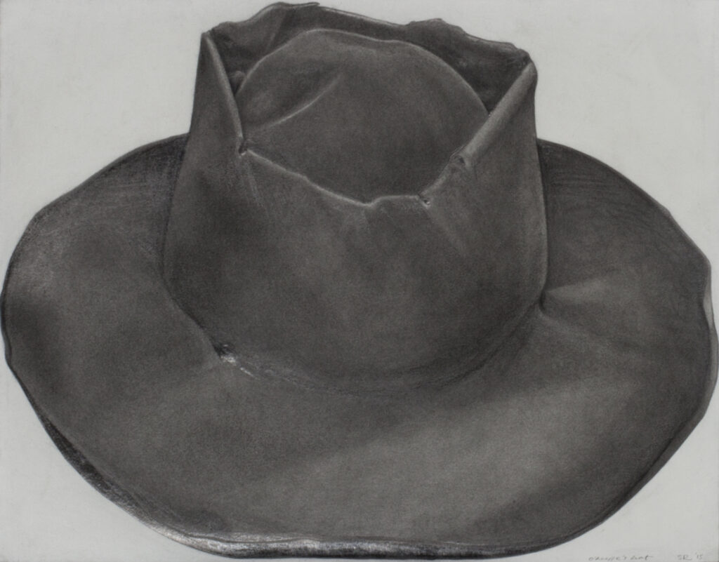 A hand drawn work of pilgrim cowboy hat with bends and wear in the brim. The drawing is inspired by one Georgia O'Keeffe's hats.