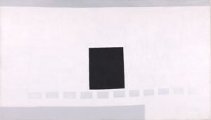 Large canvas of mostly white with an abstracted reference to the black door from the adobe wall of her Abiquiu home. The door is represented by a large black rectangle in the center, with line of grey-blue squares suggesting the stepping stones along the path. Along the top and bottom edges of the canvas are lines of a darker blue grey, thin on top, thicker along the bottom.