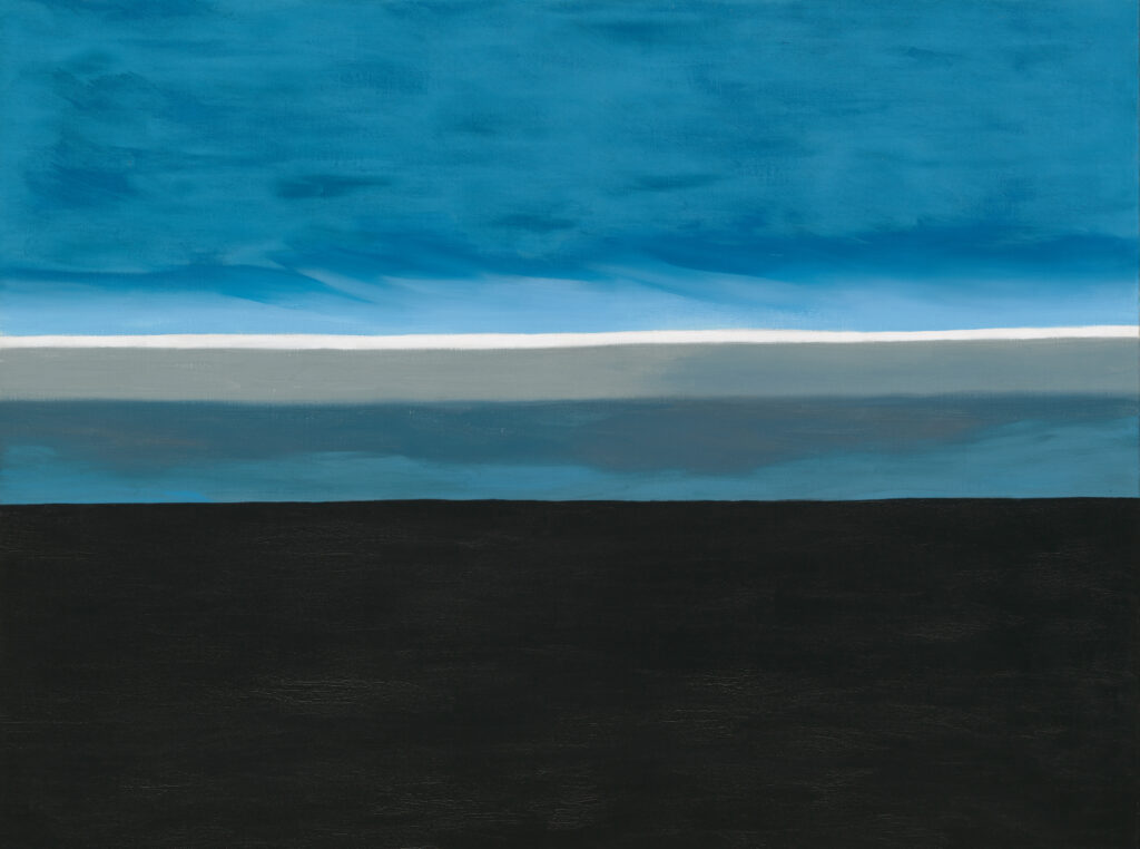 The lower third of this piece is covered by a broad band of black. The upper portion of the canvas is filled with several variations of blue; however, a thin stripe of white bisects the blues horizontally.