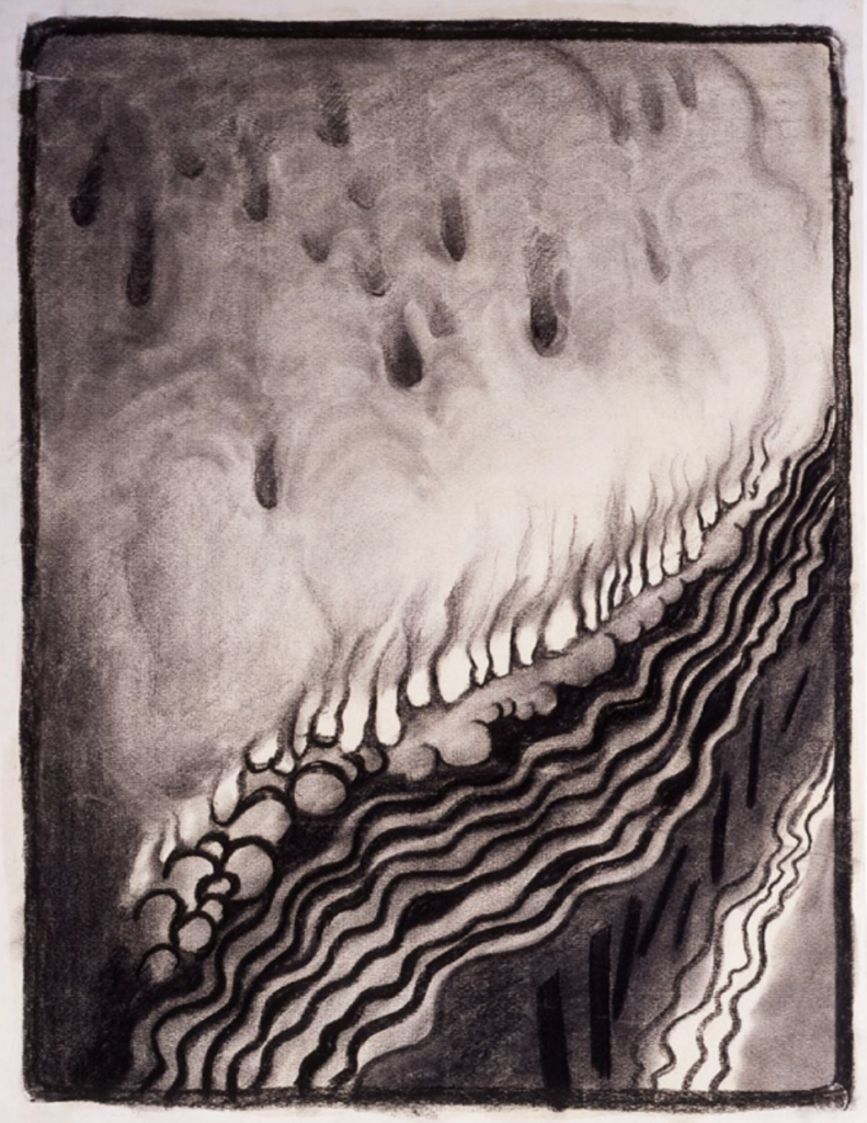 The painting features an abstract composition of squiggly lines radiating out from the bottom left hand order of the charcoal painting.