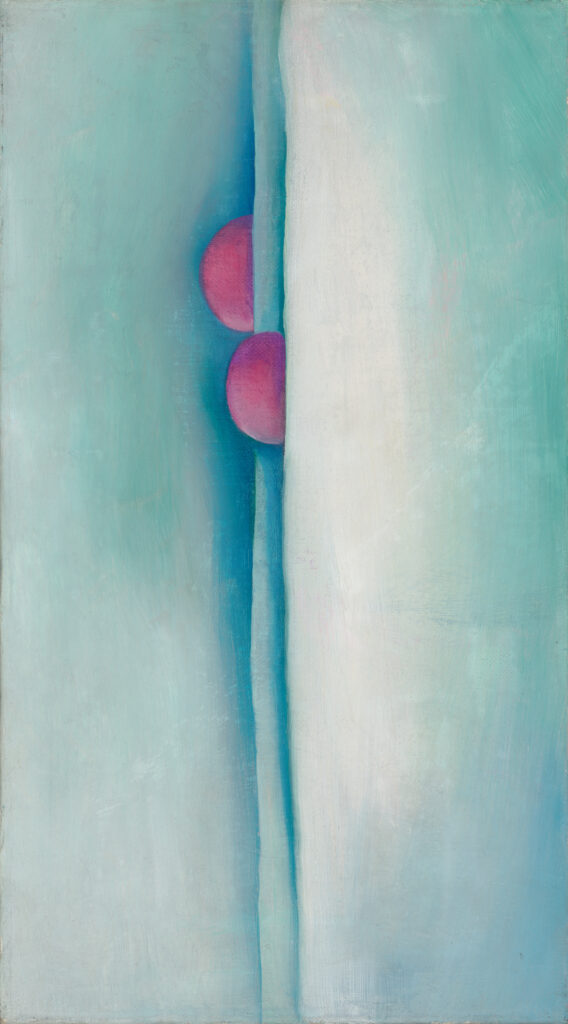 Vertical oil painting with two distinct bluish lines that run down the center of the canvas. Peeping out of these lines are two small half spheres in pink, as if emerging from behind curtains, located in the upper center of the painting.