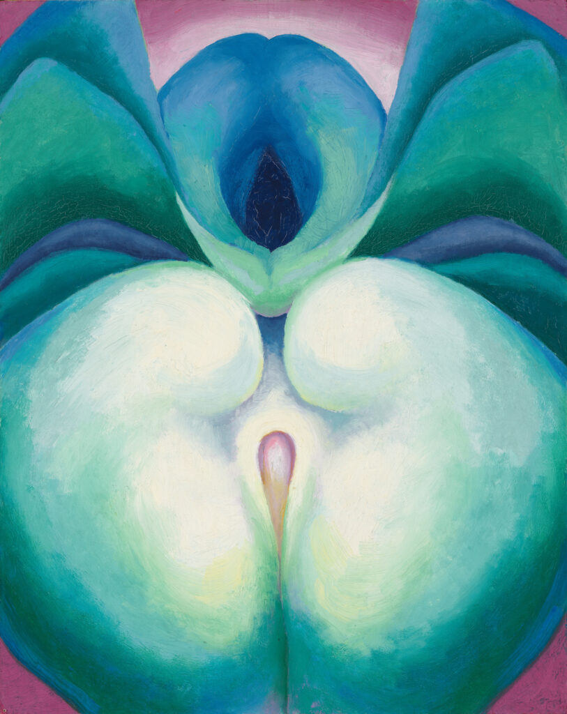 A floral form occupies much of this painting. It is situated in front of a reddish background. The lower portion of the flower is rounded and largely white in color. It has a small spot of pink in the center. The upper portion of the flower is made up of curving layers in shades of blue and green. It has a tear-shaped spot of black in its center.