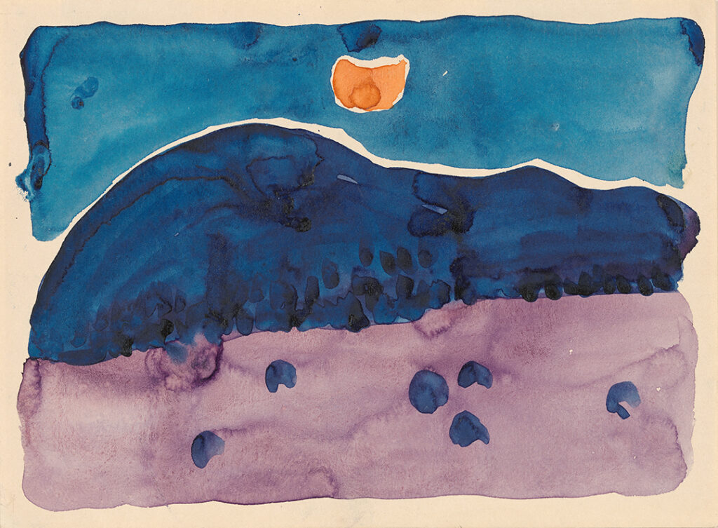 Horizontal watercolor of a blue hill with a half moon in the evening sky. Foreground is a lavender field dotted sparsely with blue strokes of color suggesting bushes or trees. Gently rounded blue hill in the middle, with a lighter blue sky above, with an orange slice moon hanging just above the hill in the middle of the sky.