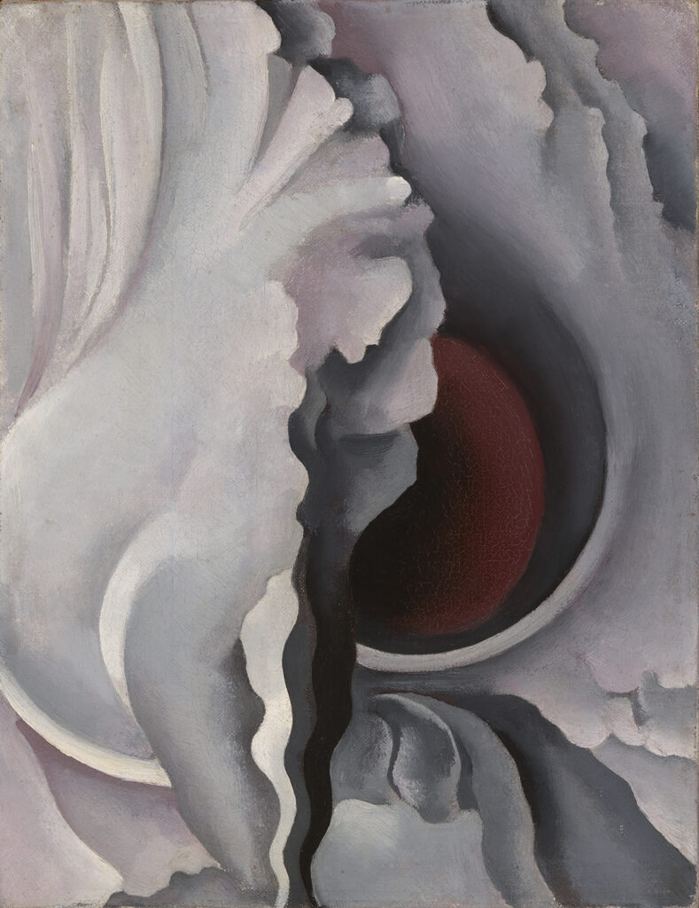 The painting depicts a close-up view of a single black iris, with its intricate petals and stamen prominently displayed. The dark background contrasts with the bright white of the flower, creating a striking and dramatic effect. O'Keeffe's use of color and form creates a sense of abstraction, while the realism of the flower maintains a strong sense of naturalism.