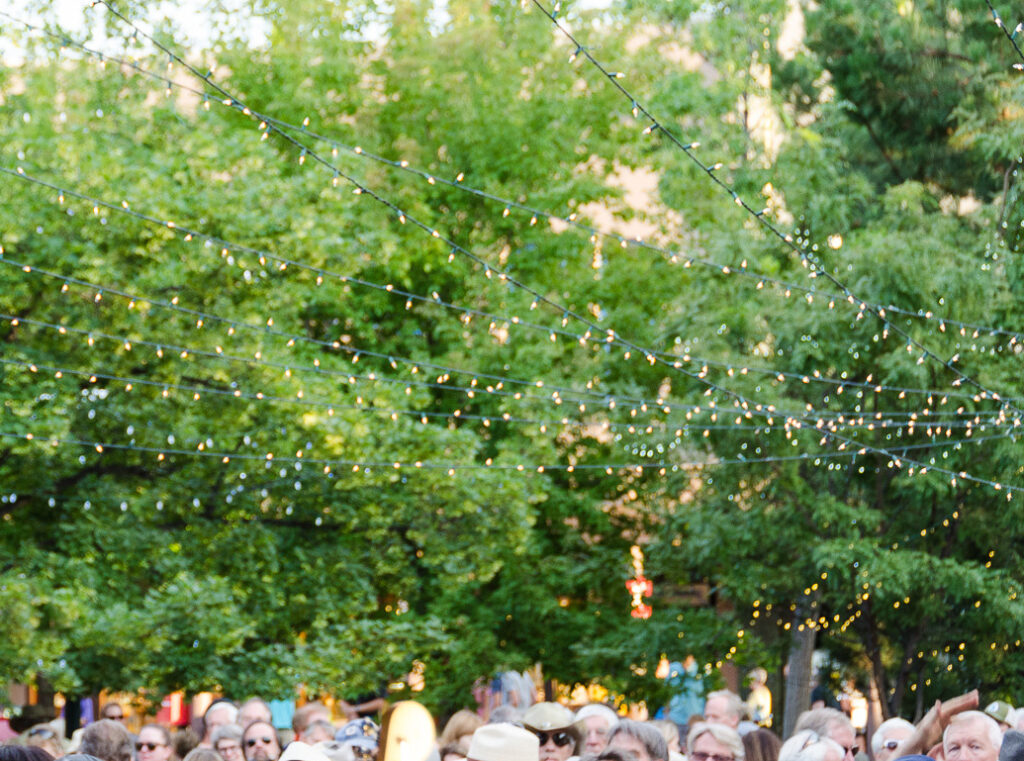 Photograph of green trees above a crowd. The tops of the people's heads are barely visible. Across the trees are stings or bright yellow lights.