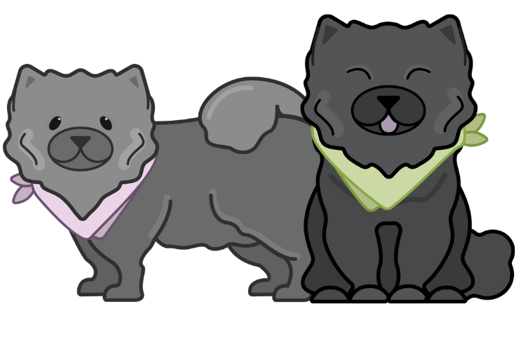 Illustration of two Chow Chow dogs, one darker one sitting, and on lighter on standing wearing bandanas around their necks
