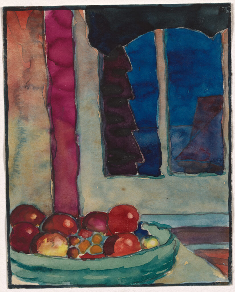 Small watercolor of a green bowl of yellow, orange, and red fruit in the left foreground, as if in an interior with a window filled with blue and purple shapes on the right.