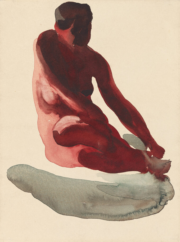 Vertical watercolor on cream background of female nude seated facing left, with right arm swings on either side and legs crossed at the knees. The figure seated on a suggestion of a pillow or rug.