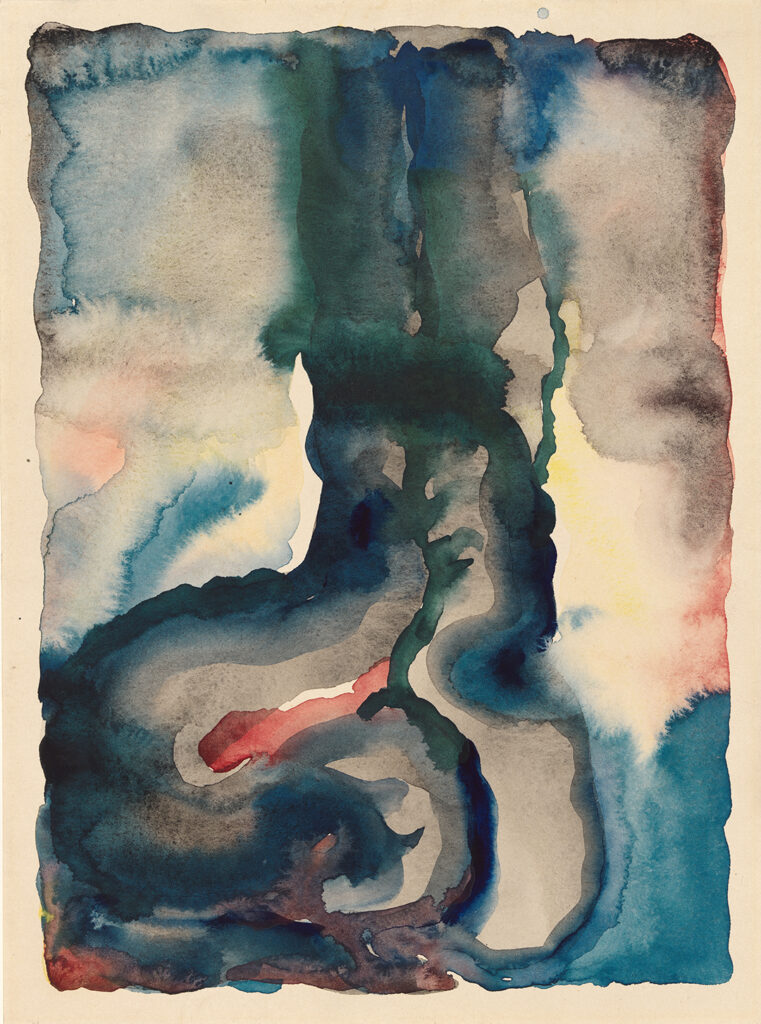 Horizontal watercolor abstraction with dominant black, and bleeding blue with cloudy area.