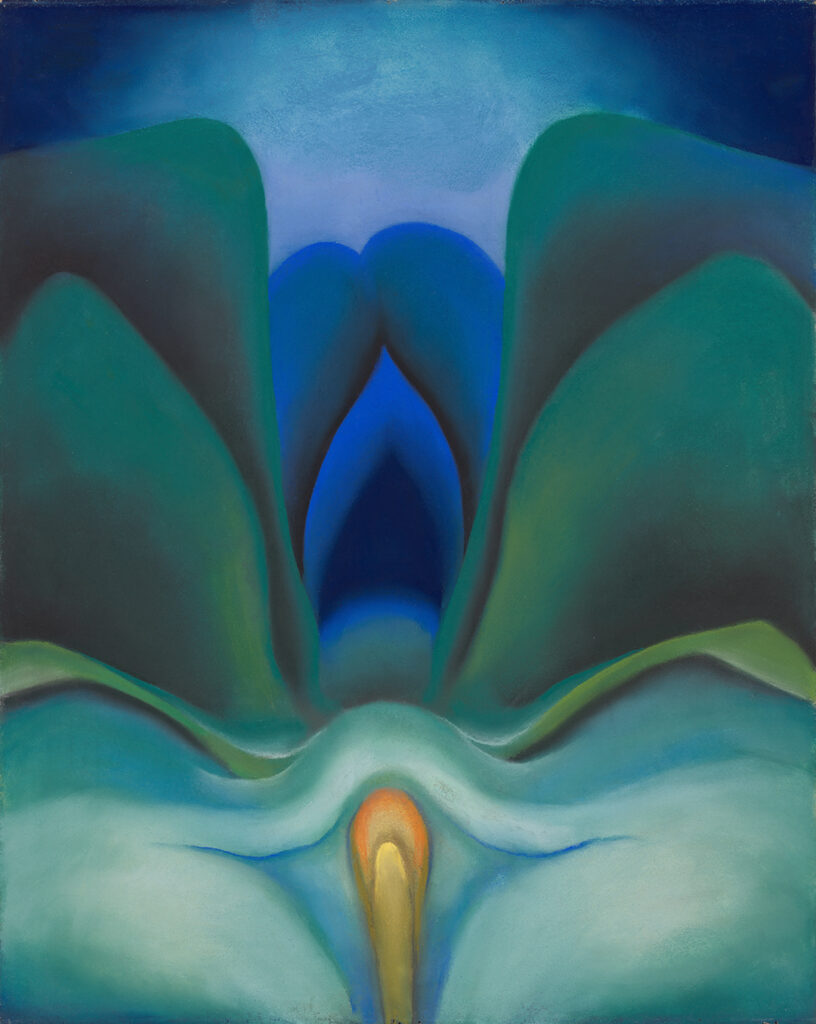 Vertical pastel of rich blue and green tones in bulbous, rounded shapes. At the bottom center rises a small yellow light-bulb shape, hooded and surrounded by greenish white and blue. Above this symmetrically on either side of a deep blue center are two sets of large green rounded shapes that fan upwards and outwards. In the middle is an ogre arch shape in blue, with a very dark blackish center.