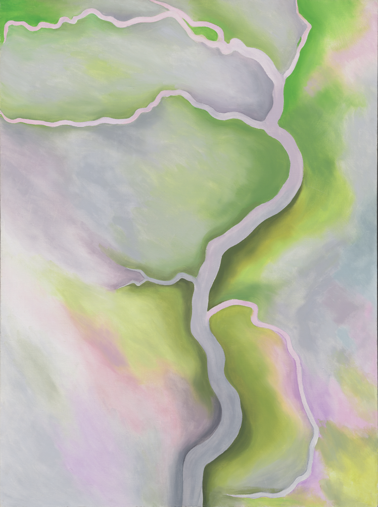 A light-colored serpentine river winds its way vertically through the canvas, with several smaller streams breaking off along the way. The banks of the river are highlighted by shades of yellow, while much of the remaining landscape is pale in color.