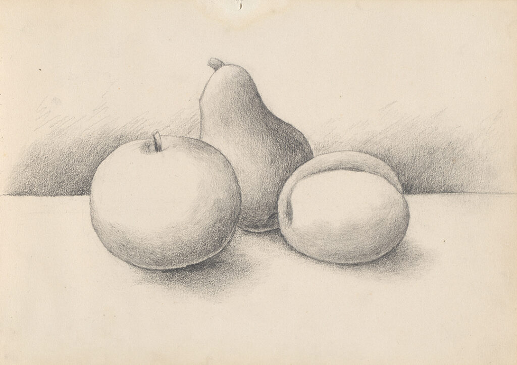 Three pieces of fruit in the center of the paper, sitting on a horizon line.