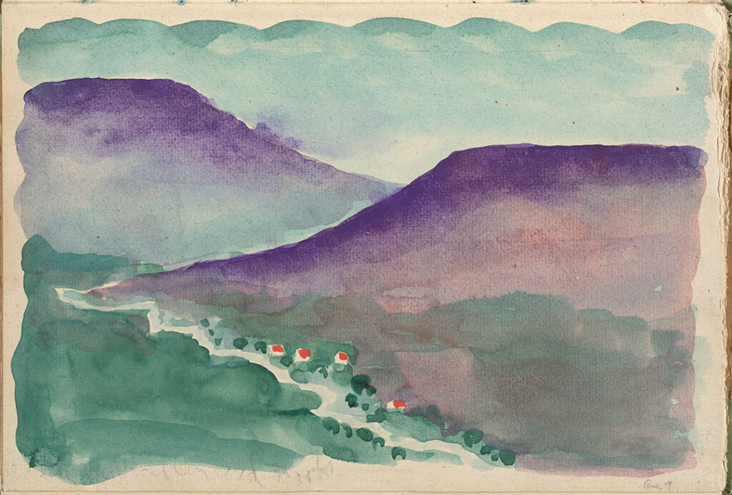 A horizontal landscape, with purple/blue mountains in the background and green, with a blue river, in the foreground. A blue sky is in the upper third of the paper.
