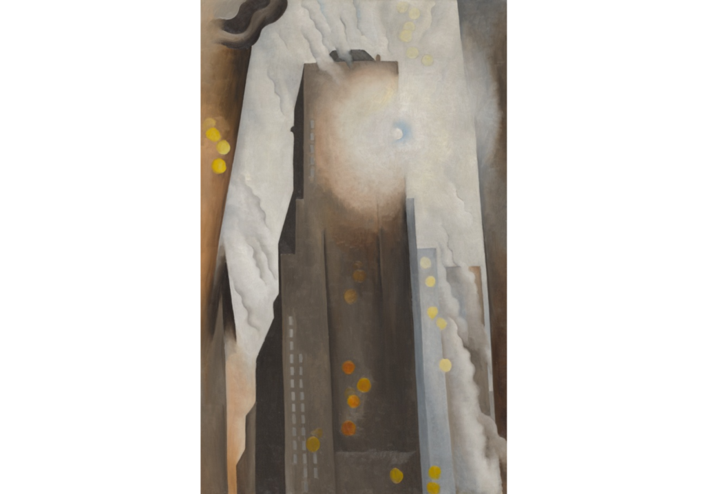 Painting of a dark gray skyscraper in the glaring sun. The bright sun reflects off of the tall, looming building, which is painted from the perspective of a passerby looking up at the building. The light blurs out the top of the building, and dots of yellow light appear lower down and on nearby buildings.
