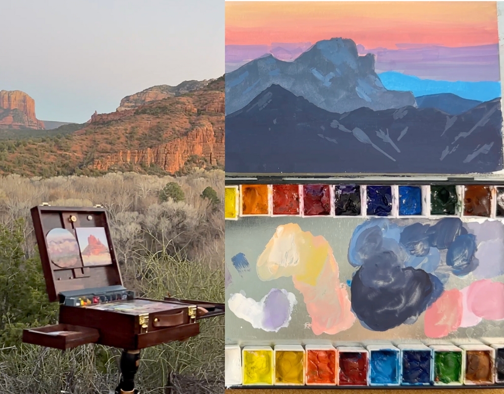 Left: Photograph of a small easel with a painting set in a desert landscape with mountains in the background. Right: A painting of mountains with a sunset. Below is a small painting palette with various shades.