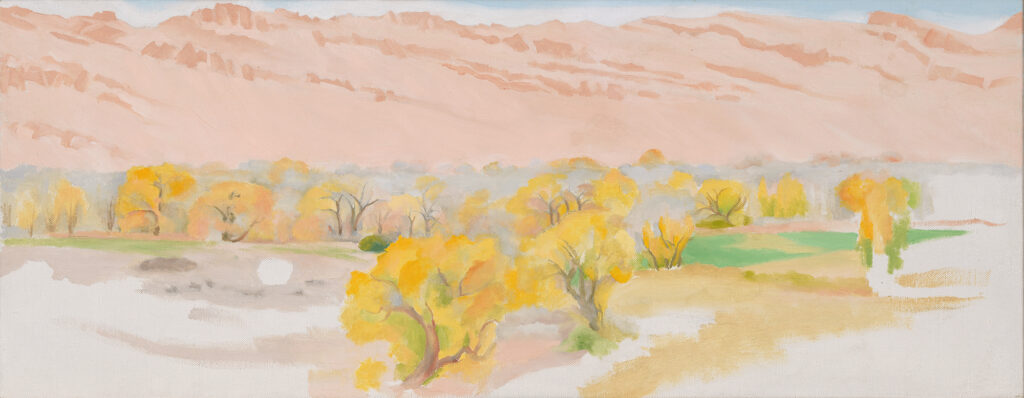 Unfinished Artwork- one of several unfinished works by O'Keeffe that contain either preliminary drawings for unrealized oil paintings. Several cottonwoods trees in shades of yellow with mountains behind.