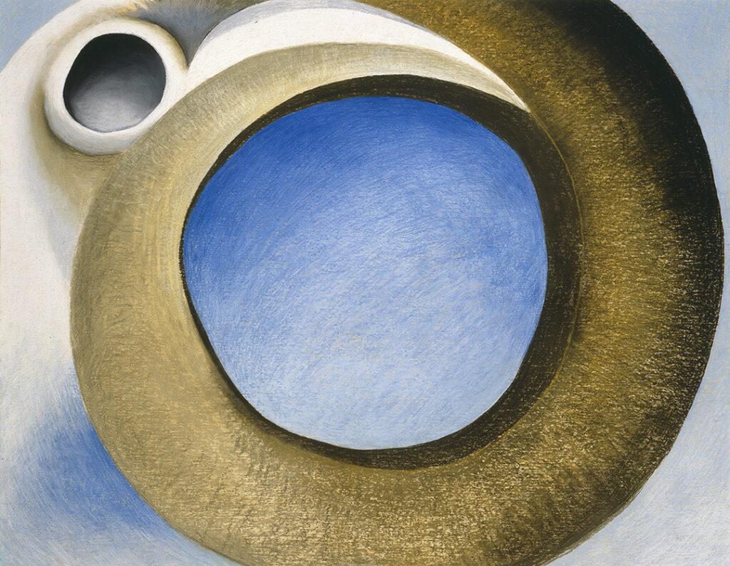 Pastel of a large circular brown goat’s horn. The negative space in the center of the horn and around it are blue. To the left side of the horn is the edge of the goat’s white skull and eye-socket.