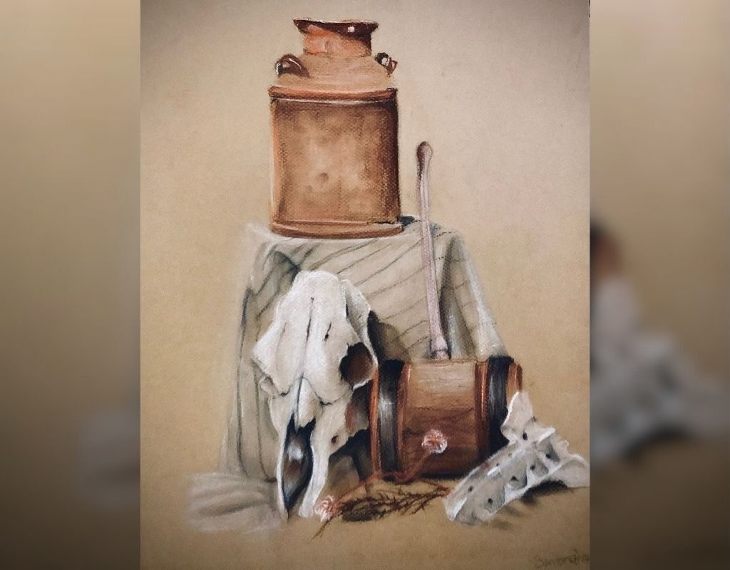 A still life drawing of a skull and a few bones resting upright against a striped-cloth covered object. Above the skull is a brown water vessel.