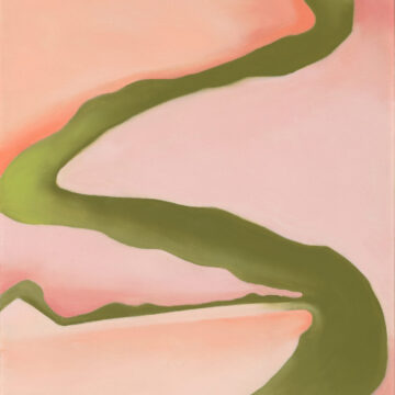 An oil painting that features a pink background and a green abstract river that wiggles down the painting.