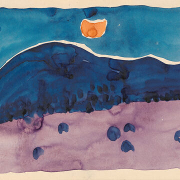 Horizontal watercolor of a blue hill with a half moon in the evening sky. Foreground is a lavender field dotted sparsely with blue strokes of color suggesting bushes or trees. Gently rounded blue hill in the middle, with a lighter blue sky above, with an orange slice moon hanging just above the hill in the middle of the sky.