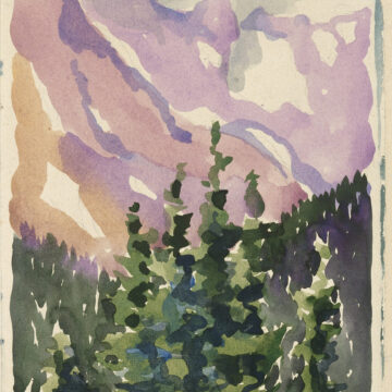 Green trees are in the bottom half of the paper. Purple and brown toned mountains dominate the background, upper half. A blue and white sky are in the upper quarter above the mountain.