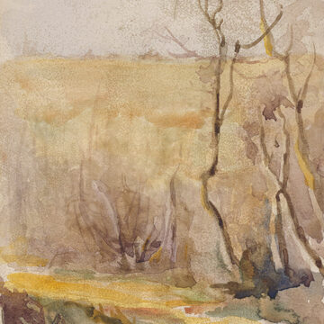 High horizon line with trees and a lane in the foreground in beige and brown colors