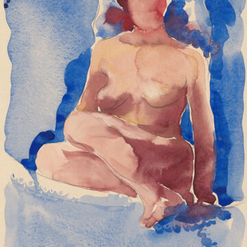 Vertical watercolor of seated female nude on mostly light and dark blue background. Seated with legs folded resting on other. Body back leans in blue background. Left and right arms at sides of body. Face has shadow and hair is brown color. Source of light comes from the front in areas of body. Nude No. IX, Self-portraits as noted in #176.