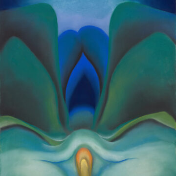 Vertical pastel of rich blue and green tones in bulbous, rounded shapes. At the bottom center rises a small yellow light-bulb shape, hooded and surrounded by greenish white and blue. Above this symmetrically on either side of a deep blue center are two sets of large green rounded shapes that fan upwards and outwards. In the middle is an ogre arch shape in blue, with a very dark blackish center.