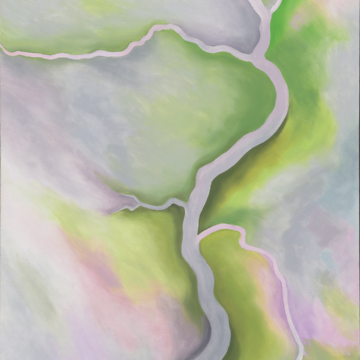 A light-colored serpentine river winds its way vertically through the canvas, with several smaller streams breaking off along the way. The banks of the river are highlighted by shades of yellow, while much of the remaining landscape is pale in color.
