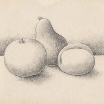 Three pieces of fruit in the center of the paper, sitting on a horizon line.