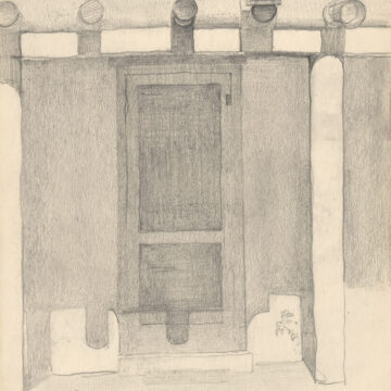 Vertical graphite sketch of doorway with screen door, five vigas, canale detail and boot scraper; four punched holes at top of paper.