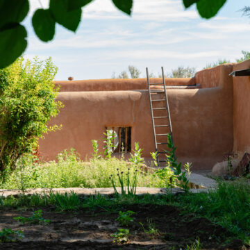 Photograph of an adobe home with a large green garden in front. The wall of the adobe home has an open window and a wooden ladder leans against the wall. Green trees and leaves frame the photograph and above the house is a blue sky.