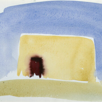 Abstract watercolor of a small adobe building which was used as a studio. The picture plane is divided into three separate organic shaped geometric elements; a fluid swash of green ground on which the adobe structure sits and a large transparent wash of blue surrounding the building as the sky. The studio itself is softened rectangle shape of transparent yellow which reveals, to the left, a brown feathered watercolor bleed as the doorway.