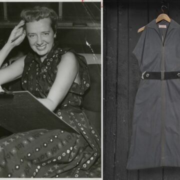 Left: Photographo d Claire McCardell siting with a drawing board and smiling at the camera. Right: Dress by McCardell in grey with a black belt hanging on a hanger.