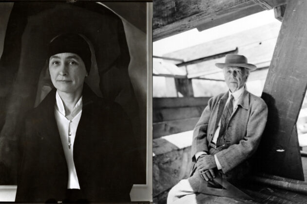 Left: Photograph of Georgia O'Keeffe with a dark scarf around her head, a dark jacket and light button-up shirt standing in front of one of her paintings and smiling slightly at the camera. Right: Portrait of Frank Lloyd Wright in a hat and jacket holding a drafting triangle as he leans against a column.
