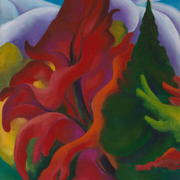 Vibrant canvas of large orange-red tree against purple-white hills and a blue sky. Surrounding the main red tree are areas of yellow color on the left and a green fir tree on the right.