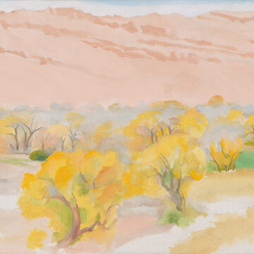 Unfinished Artwork- one of several unfinished works by O'Keeffe that contain either preliminary drawings for unrealized oil paintings. Several cottonwoods trees in shades of yellow with mountains behind.