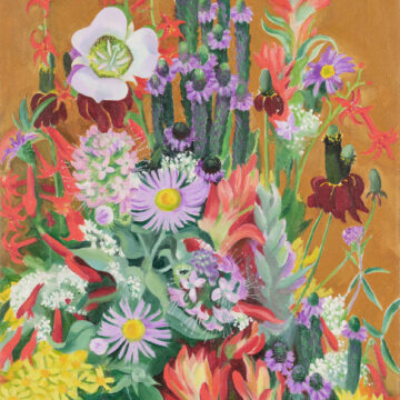 A canvas featuring a collection of colorful mountain wildflowers set a against a golden light brown background. The composition is composed of an assortment of flowers that includes a Mariposa-lily, lavender Aspen Daisies, trumpet shaped Western Scarlet Gilia, puffs of white yarrow nestled around orange Indian Paintbrush with clusters of lavender Sky Pilot flowers and yellow daisy-like Arrowleaf Balsamroot flowers.