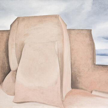 Painting of the church from the rear, a vantage point that allowed O'Keeffe to explore the blocky, geometric qualities of its adobe walls. Enlarging and exaggerating these forms, she portrayed the church as if it were an organic growth emerging from the earth.