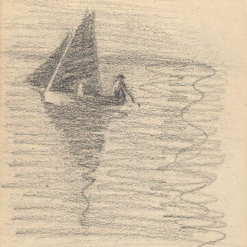 Sketch of a sailboat casting a shadow to the forefront of the image.
