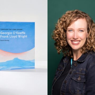 Left: The cover of a book titled "Georgia O'Keeffe and Frank Lloyd Wright" by Sarah Rovang with a painting of a flat-topped mountain below a large blue circle. Right: Portrait of Sarah Rovang with curly, shoulder-length hair and wearing a dark denim jacket. Sarah smiles against a green background.