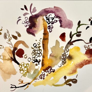 Abstract watercolor of botanical shapes like seaweed and plants in shades of orange, yellow, dark red, and brown.