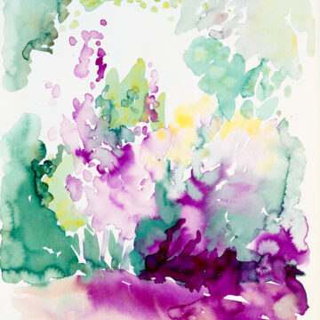 Abstract clusters of green, purple, and yellow brushstrokes expand across the composition. The colors and textures of the work evoke trees full of leaves and flowers springing from the ground.