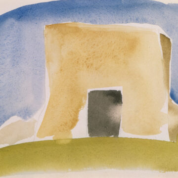 In this semiabstract work, a rectangular adobe structure rises from a patch of sloping green earth. A black door leads into the building, and a blue sky stretches above.