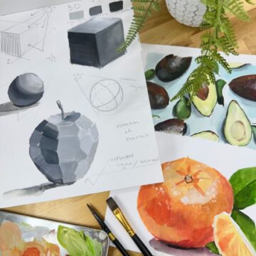 Two pieces of paper lay on a table with geometric paintings or fruit and studies of shadow. Around the paintings are a plant, a colorful paint palette, and several small brushes.