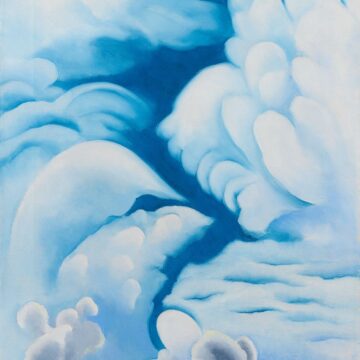 Delicate, swirling clouds fill the frame. A sliver of dark blue sky zigzags down the center of the painting.