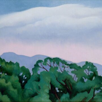 Bright green trees poke up from the bottom of the composition. Behind the trees, a blue mountain fades into the distance. The sky above is a soft gradient of pale blue and pink.