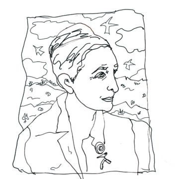 In the foreground there is a line drawing portrait of Georgia O'Keeffe. It is her torso and her side profile of her face with her hair drawn up a bun and a mild expression. The line drawing has a vibrant energy with clouds and crows in the background