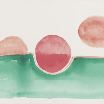 Horizontal abstract: beige background with green field in lower half and three orange circles in middle of green.